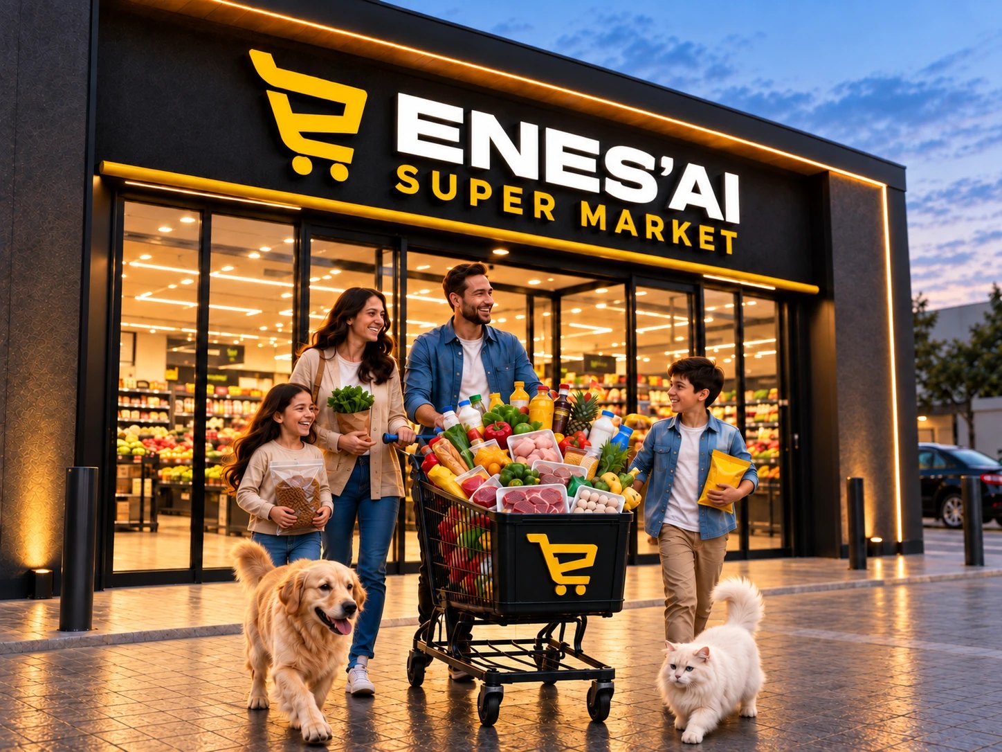 Familje me karrocë plot me ushqime para dyqanit ENES’AI Super Market