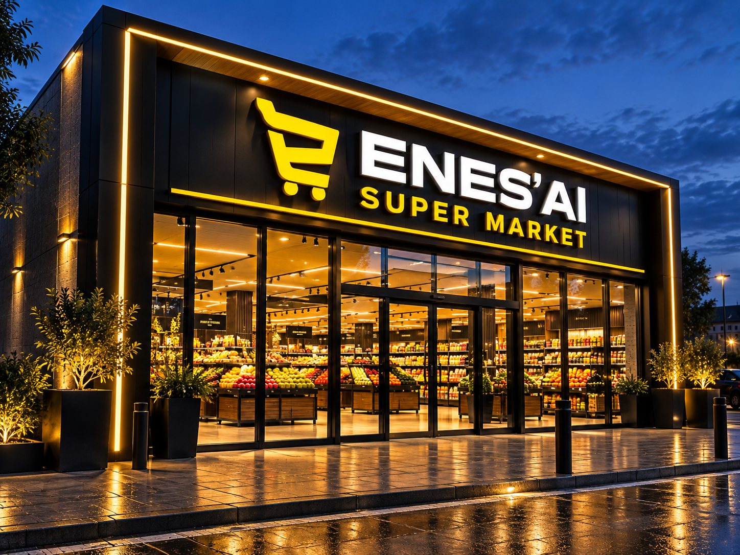 Fasada e dyqanit ENES’AI Super Market në mbrëmje, me ndriçim të artë